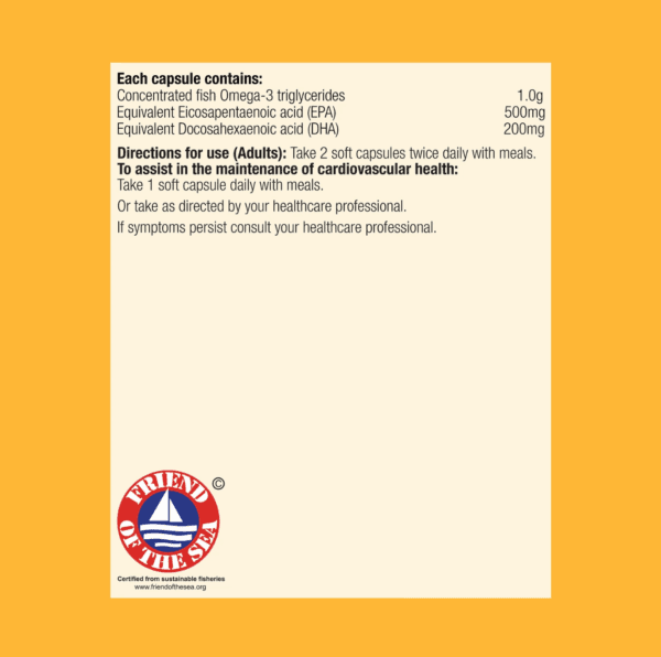 Nutritional label for MetaPure Enteric 240 Capsules omega-3 supplement on a yellow background. Shows EPA and DHA per capsule, adult dosage instructions, enteric capsule details, and the "Friend of the Sea" certification logo.